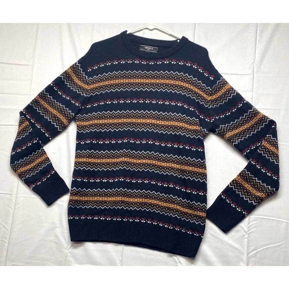 Forever 21 Sweater Mens Small Navy Blue Fair Isle Print Tight Knit Ribbed Warm